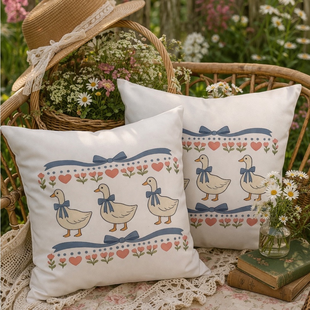 Cottagecore Duck Satin Pillow Covers Set 16x16 🦆 Country Goose